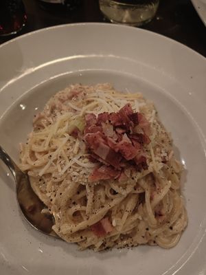 Vegan carbonara at Feca in Stockholm