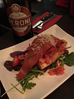 Vegan bruschetta with ”bacon”. at Feca in Stockholm