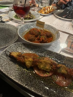 Vegan meatballs and vegan chicken and chorizo skewers - my photo doesn’t do it justice!   at Ambiente Tapas - Fossgate in York