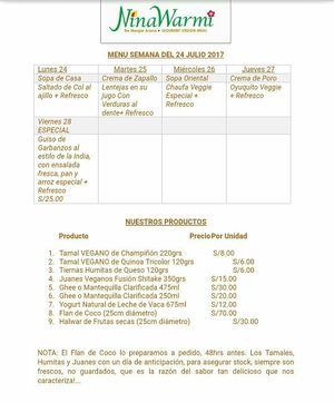 Menú de la Semana 24 de Julio at NinaWarmi in Lima