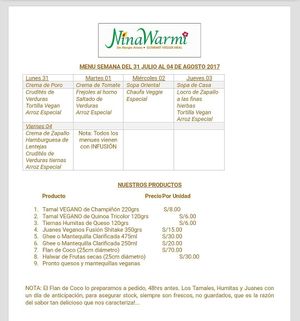 menú de la Semana  at NinaWarmi in Lima