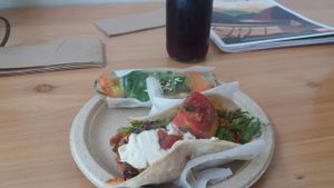 Lunch - a very fresh and delicious Spring Roll and a Chili Wrap. I also had a fresh beetroot juice. at Hapi in Napier