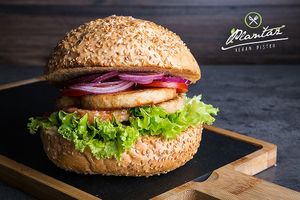 Amazing ChickN-like burger with sriracha mayo. at Plantaz Bistro & LimeLight BAR in Martin