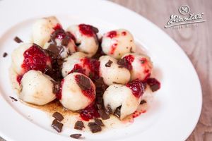 Cocoa dumplings with raspberry pure at Plantaz Bistro & LimeLight BAR in Martin