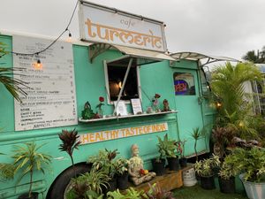 The sea green truck.. can sort of see the menu options :) at Cafe Turmeric in Hanalei