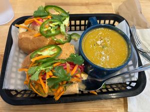 Banh mi with tofu, vegan summer corn bisque  at Local Foods - The Village in Houston