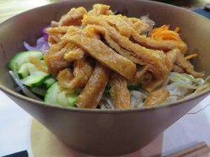 Jabchae Tofu (sweet potato noodles with marinated vegetables, fried tofu, and soya sauce) (vegan)
 at Kimdogo in Saarbrucken