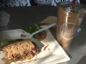 peanut butter coffee smoothie with the really good veggie burger that was not very good. do not recommend either. at The Juice Theory in Long Branch