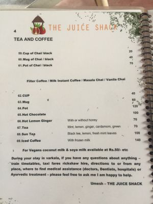 The Juice Shack Menu  at The Juice Shack  in Varkala