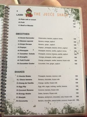 The Juice Shack Menu  at The Juice Shack  in Varkala