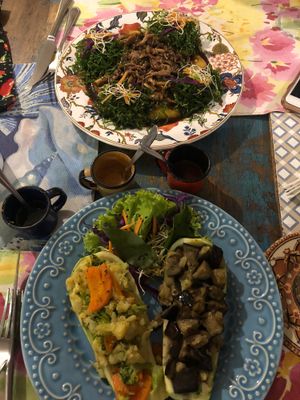 The top dish is potato w/ 3 kinds of mushrooms. Bottom is stuffed zucchini at Emporio com Arte in Foz Do Iguacu