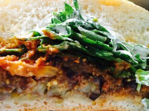 Eggplant panini with cashew ricotta and marinara. Delicious!  at Gratitude in Newport Beach