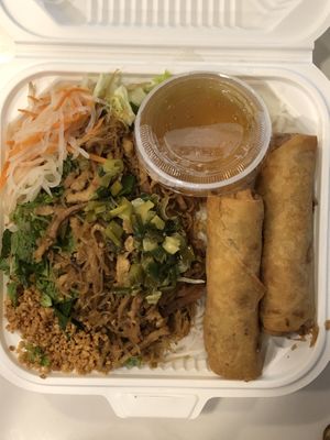 Vermicelli noodle salad with crispy eggrolls at The Green Barn in Milpitas