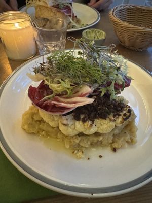 Cauliflower steak and lovely mash with other tasty things   at Urten in Copenhagen