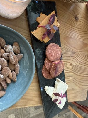 First Course; cashew cheeses and smoked almonds  at Urten in Copenhagen