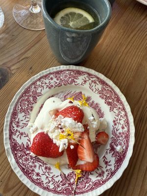 Dessert; strawberries and cream  at Urten in Copenhagen