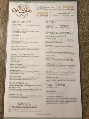 Their manu at Dandelion Community Cafe in Orlando