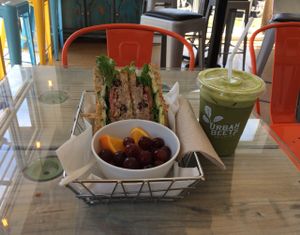 Cranberry chickpea salad sandwich with matcha latte  at Urban Beets Cafe & Juicery in Milwaukee