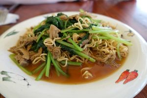 Noodles with vegetables and fake meat.  at Battambang Vegetarian Food in Battambang