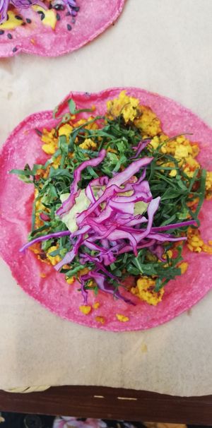Taco de Macha tofu at La Pitahaya Vegana in Mexico City