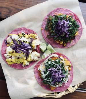 Coliflor con requesón, pastor de setas, papas al curry at La Pitahaya Vegana in Mexico City