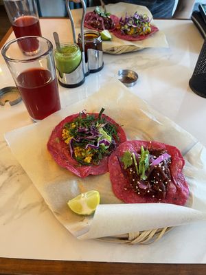 Tofu scramble taco, hibiscus taco, and hibiscus tea  at La Pitahaya Vegana in Mexico City