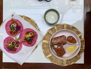 Tacos, burrito, matcha latte  at La Pitahaya Vegana in Mexico City