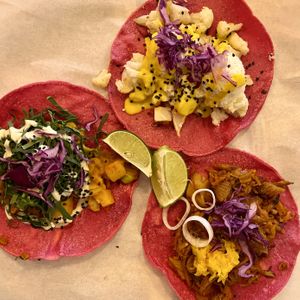 tacos - papas al curry, coliflor, and one other I forget  at La Pitahaya Vegana in Mexico City
