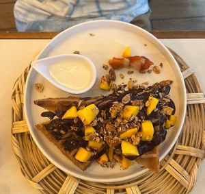 Waffle with mango  at La Pitahaya Vegana in Mexico City