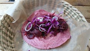 Taco de Jamaica al Pibil at La Pitahaya Vegana in Mexico City