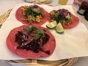 Jamaica Pibil & Machaca Tofu tacos!  at La Pitahaya Vegana in Mexico City
