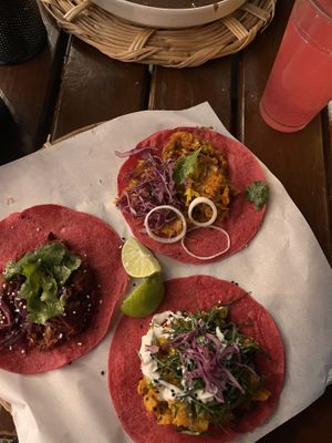 Pink tacos! My fave was the curry one   at La Pitahaya Vegana in Mexico City