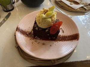 Brownie with mango ice cream   at La Pitahaya Vegana in Mexico City
