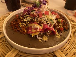 Enfrijoladas with Chickpea Chorizoo  at La Pitahaya Vegana in Mexico City