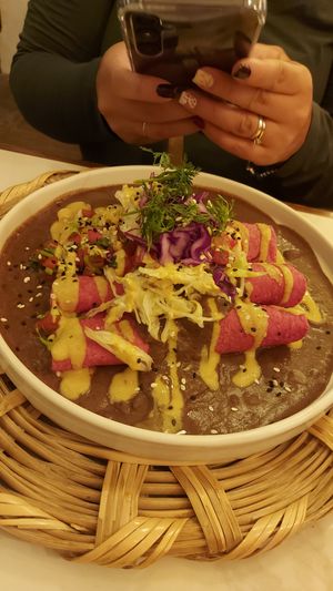 Enfrijoladas at La Pitahaya Vegana in Mexico City