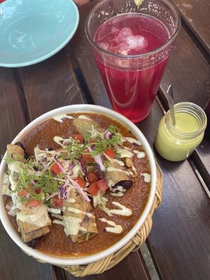 half plate Hibiscus flautas + pink lemonade  at La Pitahaya Vegana in Mexico City
