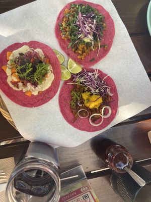 Tacos trio (clockwise starting at the top: tofu, mushroom pastor and sweet potato pesto)  at La Pitahaya Vegana in Mexico City