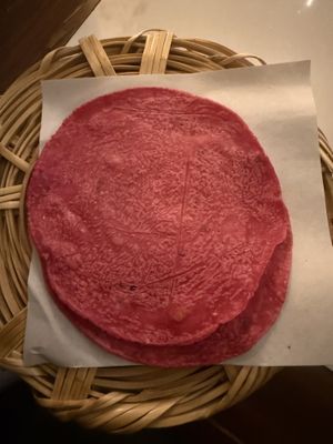 Pink tortillas   at La Pitahaya Vegana in Mexico City