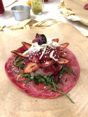 Strawberry taco!! at La Pitahaya Vegana in Mexico City