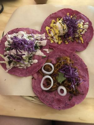 The first 3 tacos of the menu at La Pitahaya Vegana in Mexico City