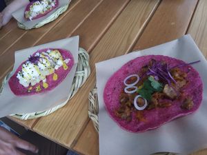 Pink tacos at La Pitahaya Vegana in Mexico City