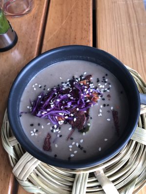 Cream of mushroom soup at La Pitahaya Vegana in Mexico City