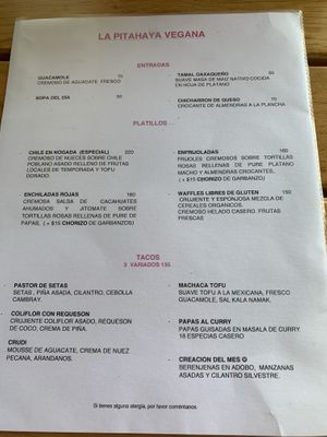 Menú at La Pitahaya Vegana in Mexico City