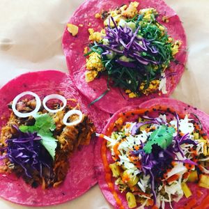 Tacos de machaca tofu, pastor de setas y papas al curry at La Pitahaya Vegana in Mexico City