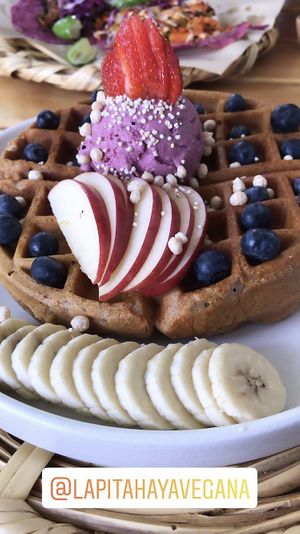 Waffles con helado de moras orgánicas ❤️ at La Pitahaya Vegana in Mexico City