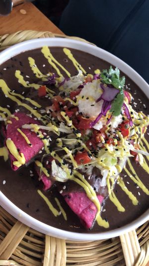 Enfrijoladas con puré de plátano 💚✌🏿 at La Pitahaya Vegana in Mexico City