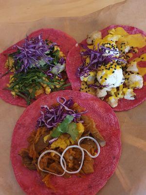 3 tacos (tofu, cauliflower and mushroom) at La Pitahaya Vegana in Mexico City