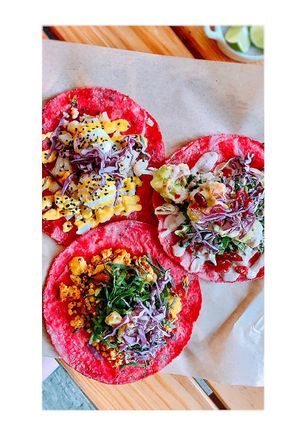 Tacos of "cauliflower requeson, crudi, machaca tofu" at La Pitahaya Vegana in Mexico City