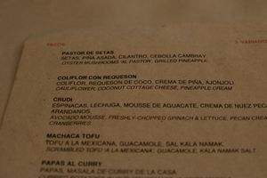 Taco descriptions at La Pitahaya Vegana in Mexico City