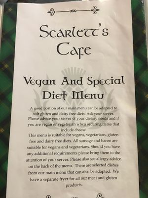 Vegan menu at Scarlett's Cafe in Falkirk